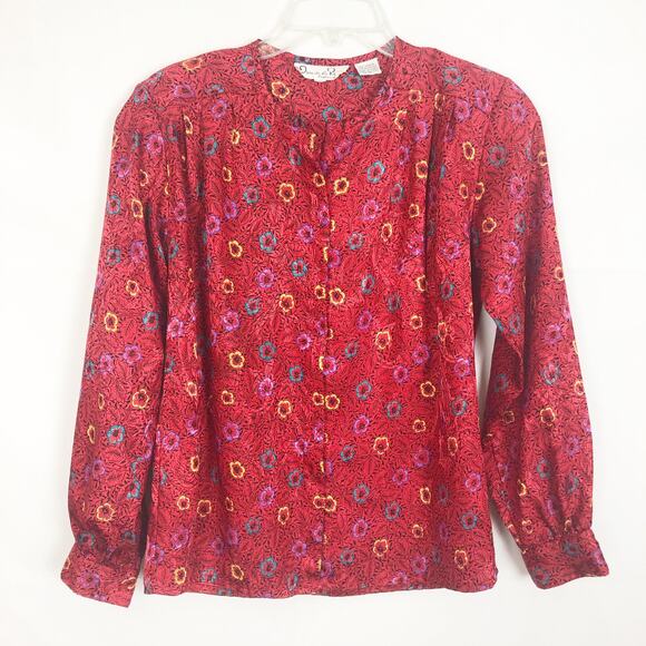 Oscar de la Renta Floral Red Long Sleeve Top Size 4 - Picture 1 of 11